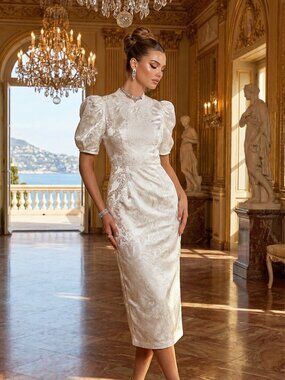 Brocade Jacquard Couture Wedding Evening Cocktail Runway Embroidered Gown Dress